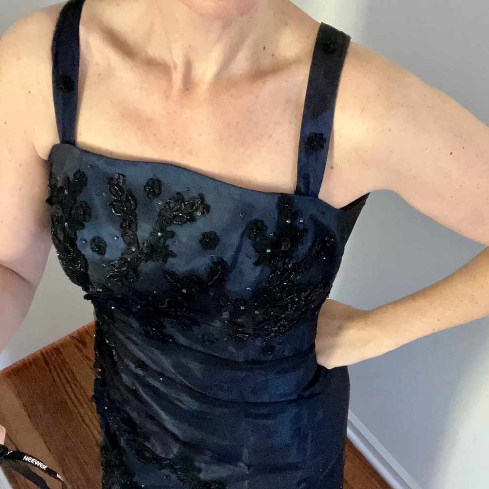 San Carlin Dresses Vintage Navy Embroidered Tulle and Iridescent Satin Maxi Gown